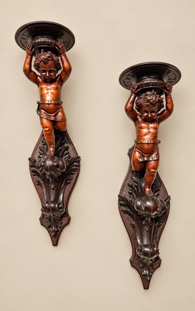 Pair Of Italian Wall Sconces Made Of Carved Walnut, Mid-19th Century-photo-3
