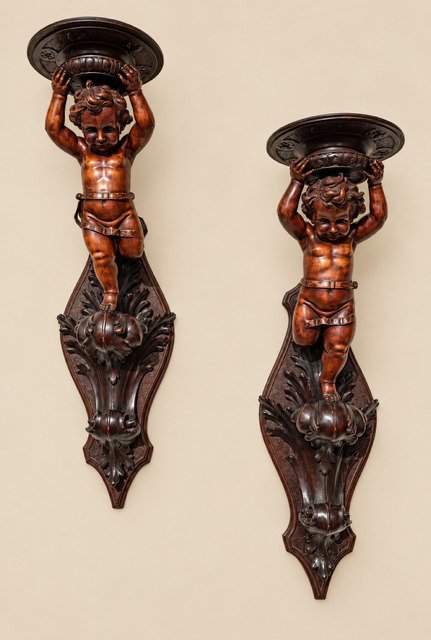 Pair Of Italian Wall Sconces Made Of Carved Walnut, Mid-19th Century