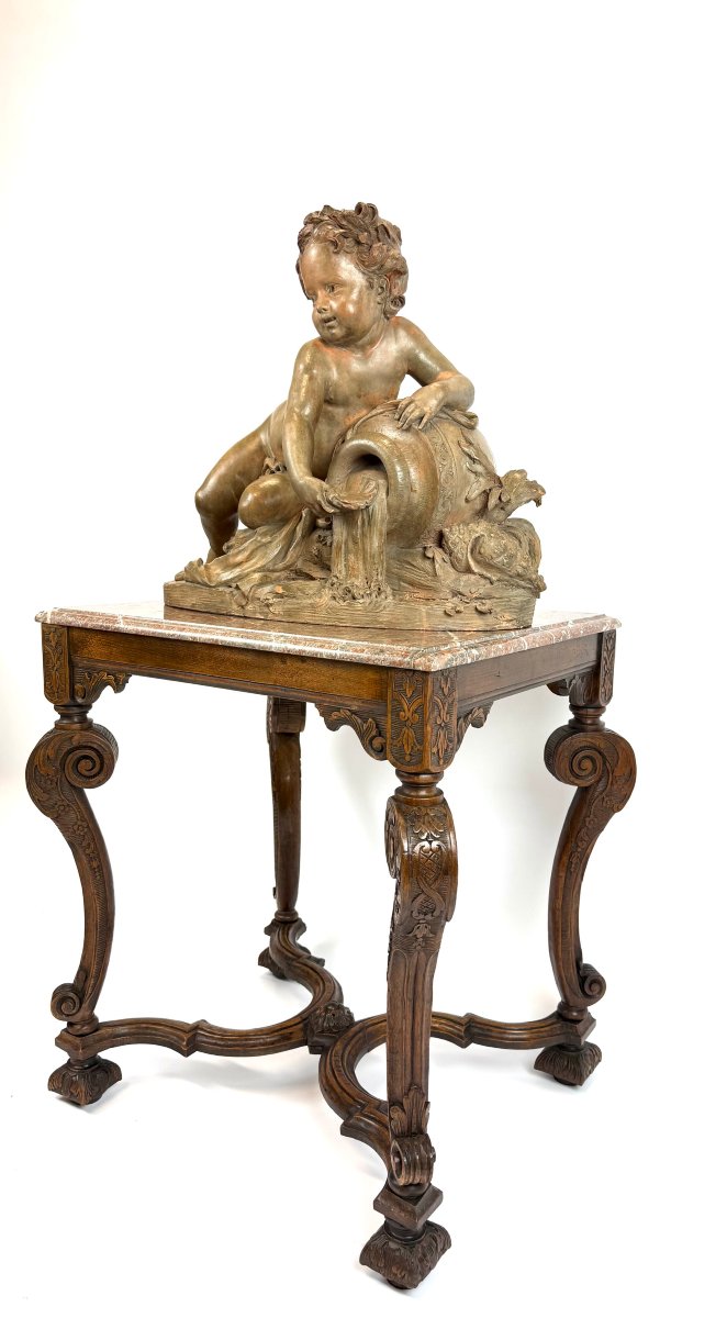 Putto With A Water Jug, 19th-century French Terracotta Sculpture + Table-photo-2