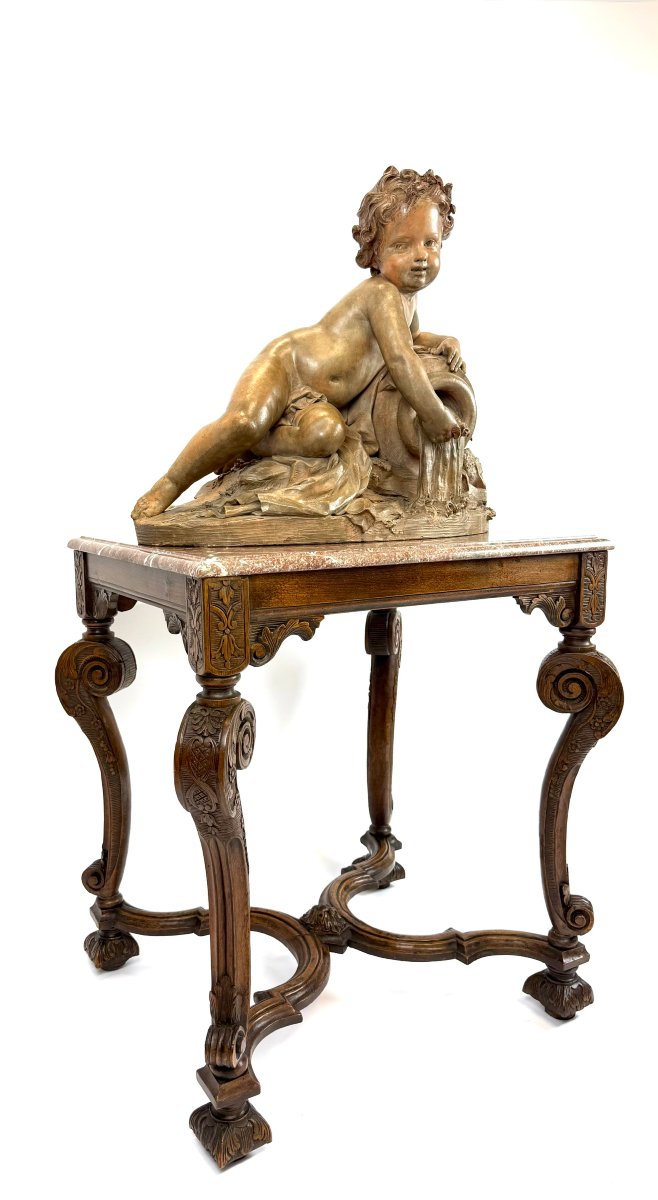 Putto With A Water Jug, 19th-century French Terracotta Sculpture + Table-photo-3