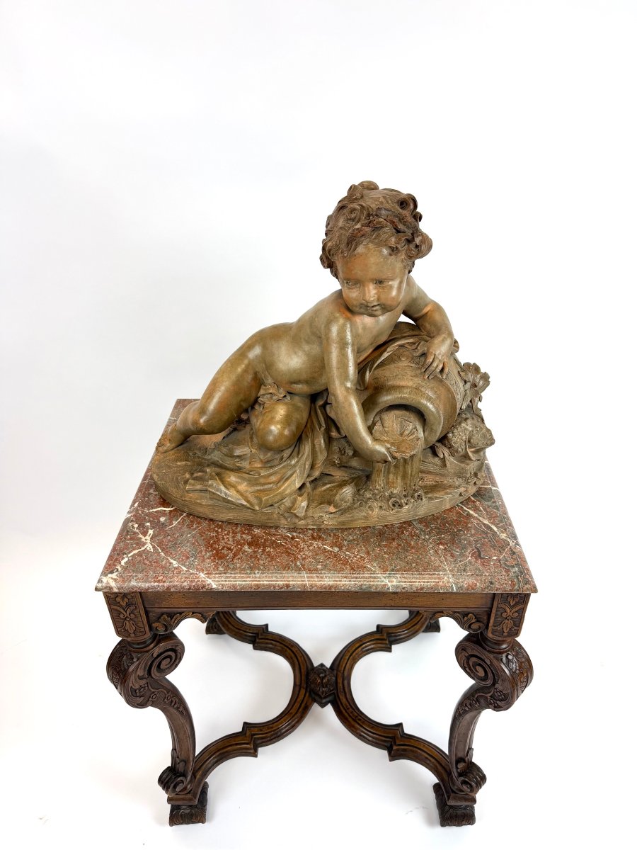 Putto With A Water Jug, 19th-century French Terracotta Sculpture + Table-photo-4
