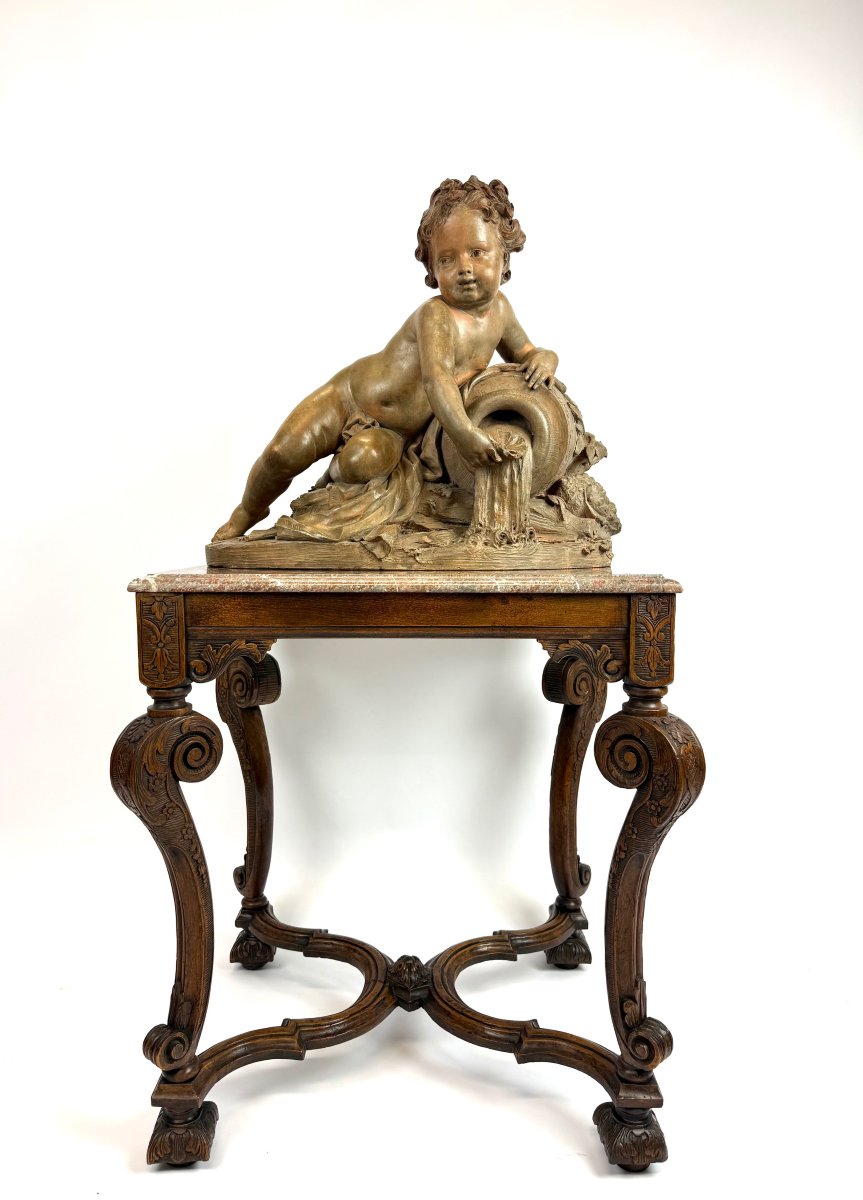 Putto With A Water Jug, 19th-century French Terracotta Sculpture + Table
