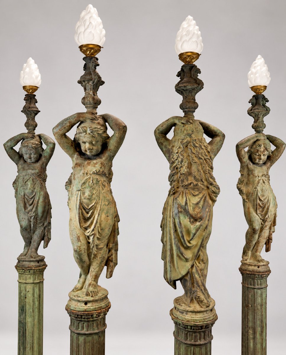 Un  ensemble de 4  candélabres figuratifs en fonte du XIXᵉ siècle, signés “A. Durenne, Paris”-photo-3
