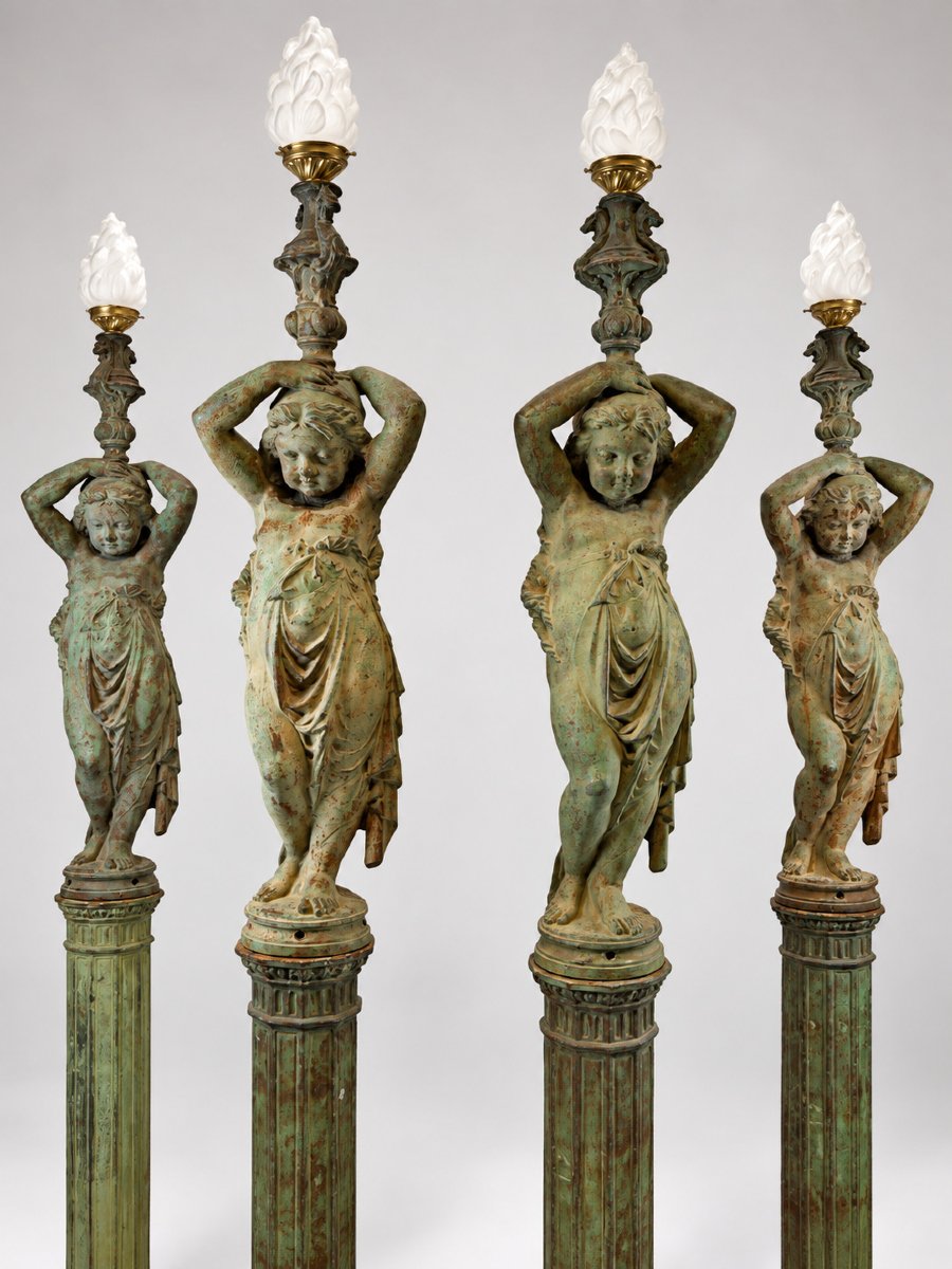 Un  ensemble de 4  candélabres figuratifs en fonte du XIXᵉ siècle, signés “A. Durenne, Paris”-photo-1