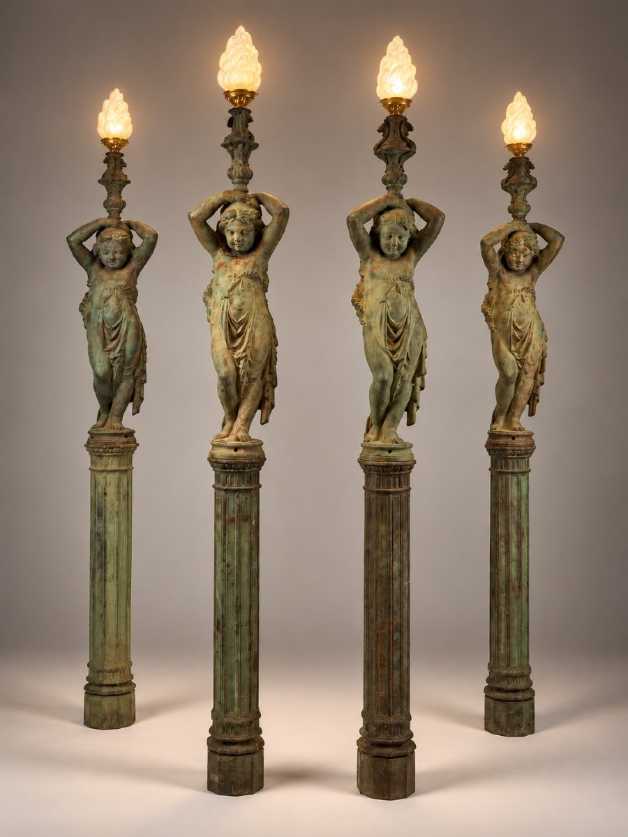 Un  ensemble de 4  candélabres figuratifs en fonte du XIXᵉ siècle, signés “A. Durenne, Paris”-photo-7