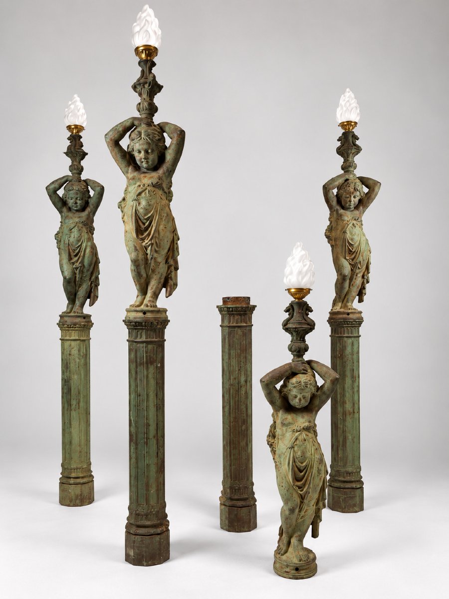 Un  ensemble de 4  candélabres figuratifs en fonte du XIXᵉ siècle, signés “A. Durenne, Paris”
