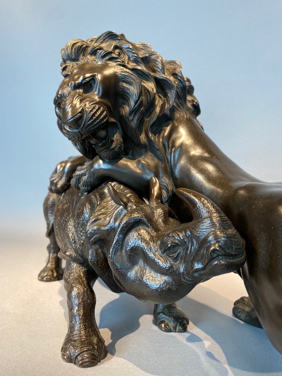 Important Bronze d'Un Lion Et d'Un Rhinocéros d'Asie -japon 19ème Siècle Epoque Meiji --photo-6