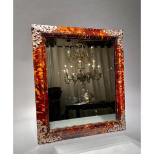 A Beautiful Late 18th Century Dutch Mirror In Tortoiseshell And Silver.