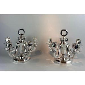 Pair Of Candelabra In Sterling Silver Art Deco Period. Goldsmith Gustave Keller -