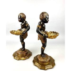 Paire De Nubiens Vide-poche En Bois Sculpté Polychrome - Italie XIXème