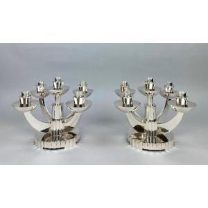 A Pair Of Portuguese Art Deco Silver Candelabras By Joalharia Do Carmo Lisbon.