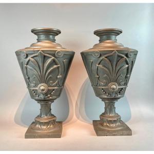 A Beautiful Pair Of Cast Iron Vases, Fp & F, 1925