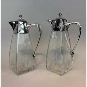 Pair Of Art Nouveau Glass Decanters With Silver Mounts. Russian Assay Mark (1899-1908).