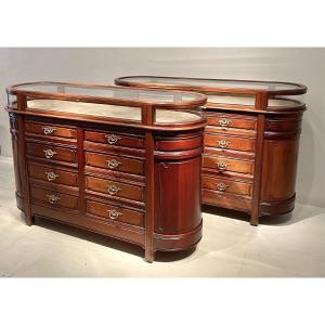 Pair Of Art Nouveau Mahogany Display Counters, France, Circa 1900