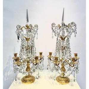 Paire De Girandoles De Style Louis XVI En Bronze Doré Et Cristal