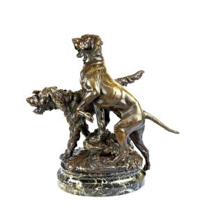 Bronze By Prosper Lecourtier Depicts Two Hunting Dogs