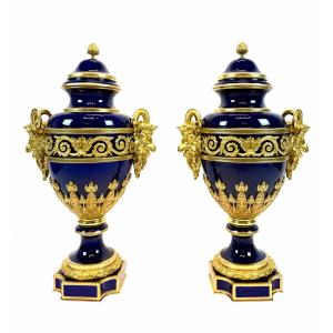 Magnificent Pair Of Late 19thc. Monumental Porcelain Urns With Ormolu Mounts