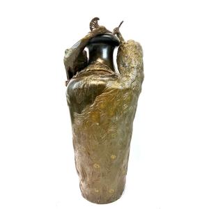 A Large Monumental Art Nouveau Bronze Vase, -two Peacocks