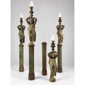 A Set Of 4 Figurative Cast-iron Candelabras From The 19th Century, Signed “a. Durenne, Paris”