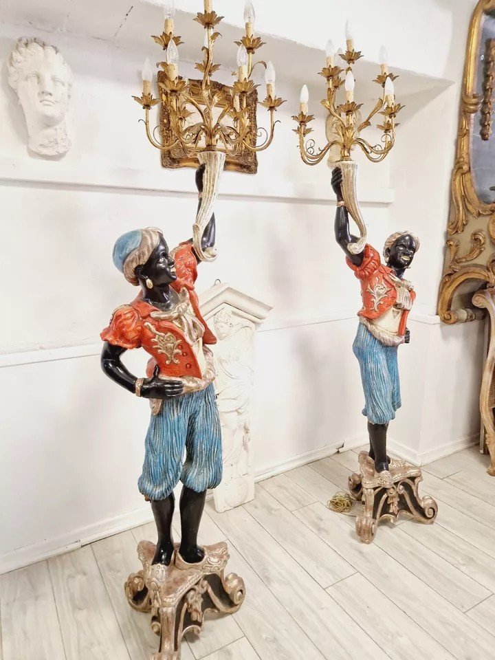 Pair Of Italian Polychrome Wood Moor Floor Lamps-photo-4