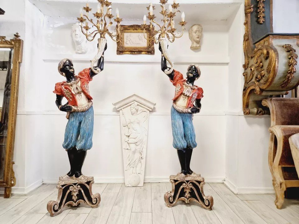 Pair Of Italian Polychrome Wood Moor Floor Lamps-photo-1