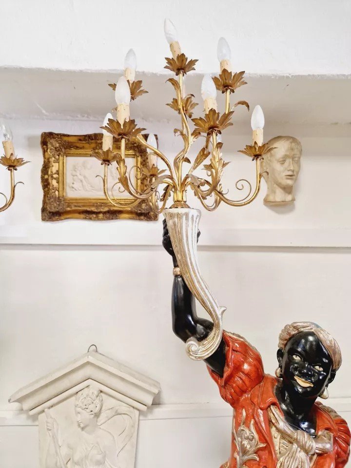Pair Of Italian Polychrome Wood Moor Floor Lamps-photo-6