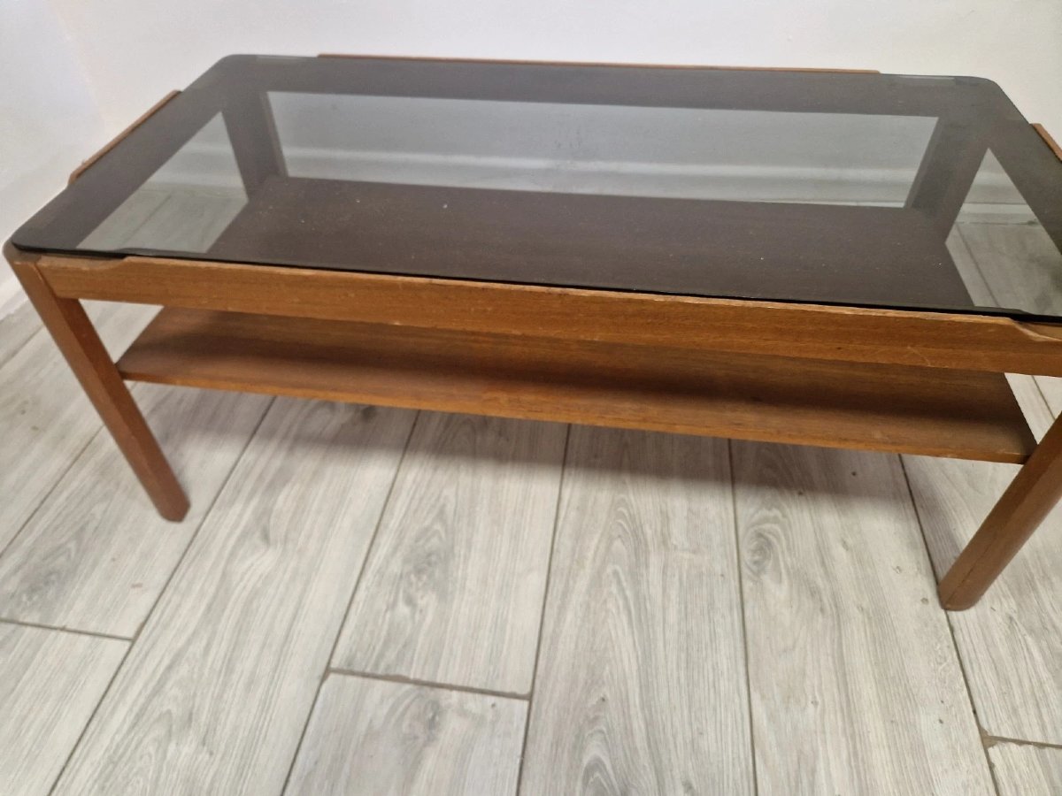 Une Table Basse En Teck Myer Du Milieu Du Siècle Dernier Et Verre Fumé-photo-4