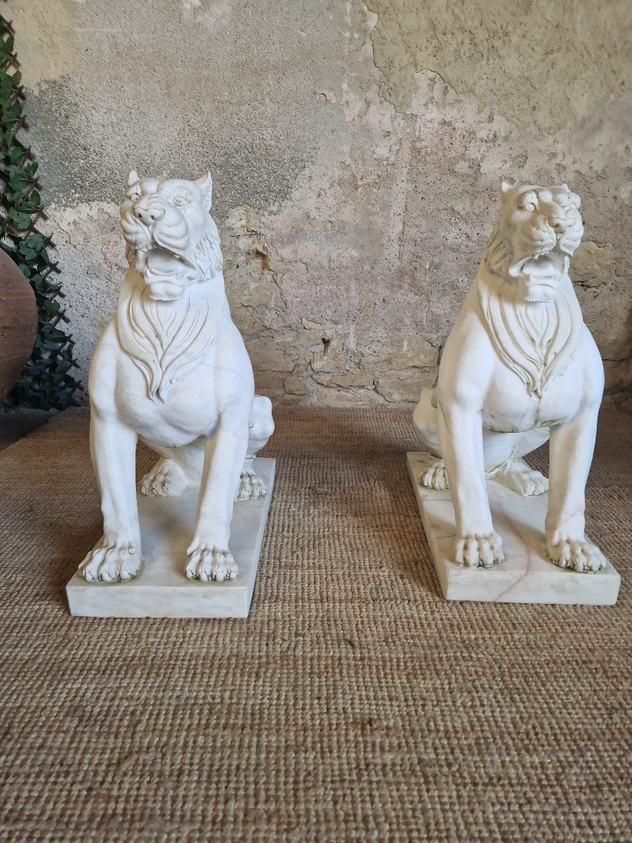 Antique Pair Of Marble Lion Statues **very Heavy**-photo-2