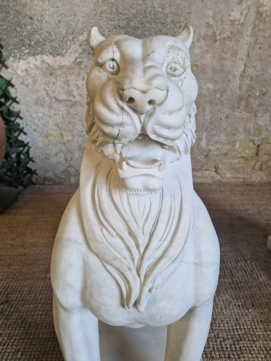Antique Pair Of Marble Lion Statues **very Heavy**-photo-4