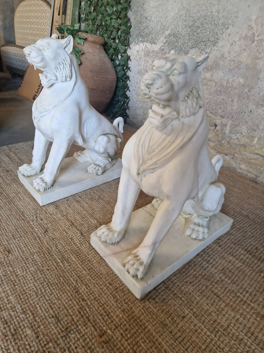 Antique Pair Of Marble Lion Statues **very Heavy**-photo-5