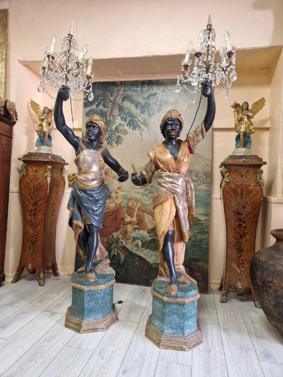 Paire de lampadaires maures en bois polychrome italien-photo-1