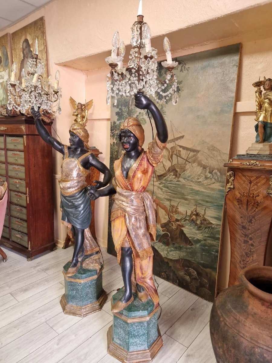 Paire de lampadaires maures en bois polychrome italien-photo-2