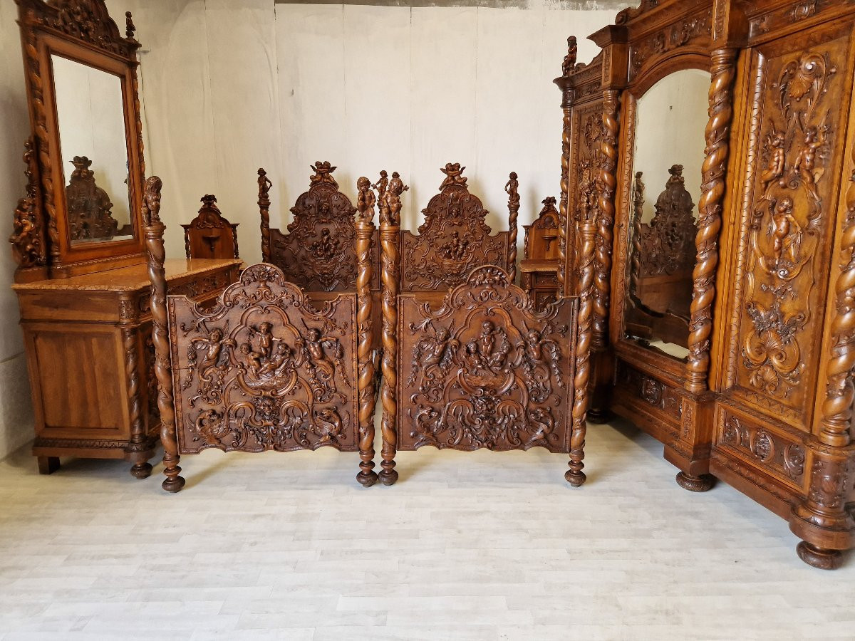 Ensemble de chambre à coucher antique de style Renaissance victorien en noyer sculpté à la main-photo-7
