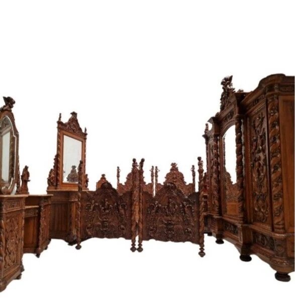 Ensemble de chambre à coucher antique de style Renaissance italienne 7 pièces RARE-photo-7