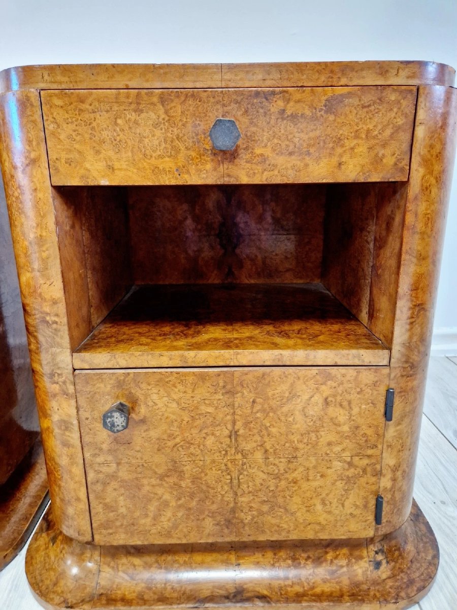 Pair Of Art Deco Burr Walnut Bedside Tables-photo-2