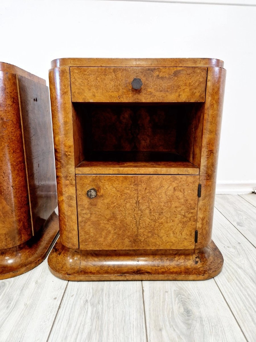 Pair Of Art Deco Burr Walnut Bedside Tables-photo-5