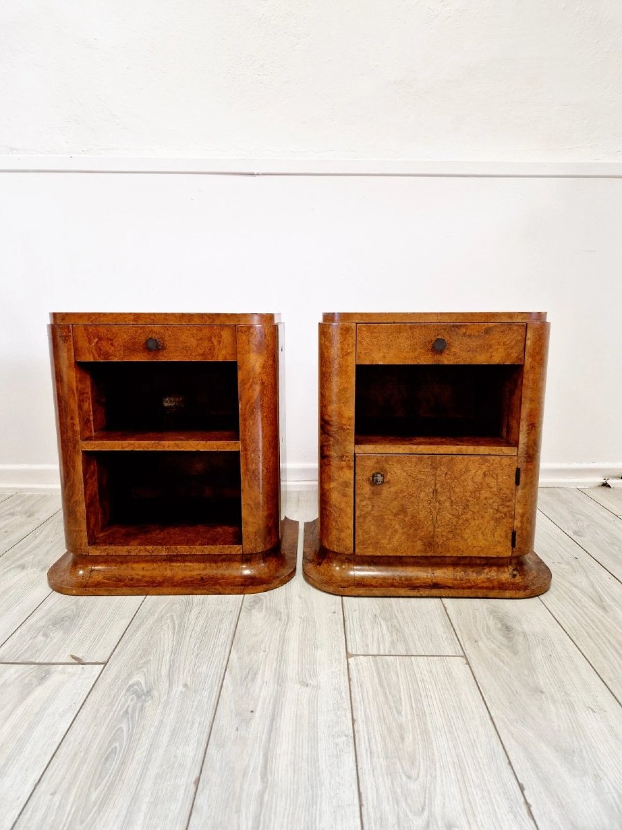 Pair Of Art Deco Burr Walnut Bedside Tables-photo-6