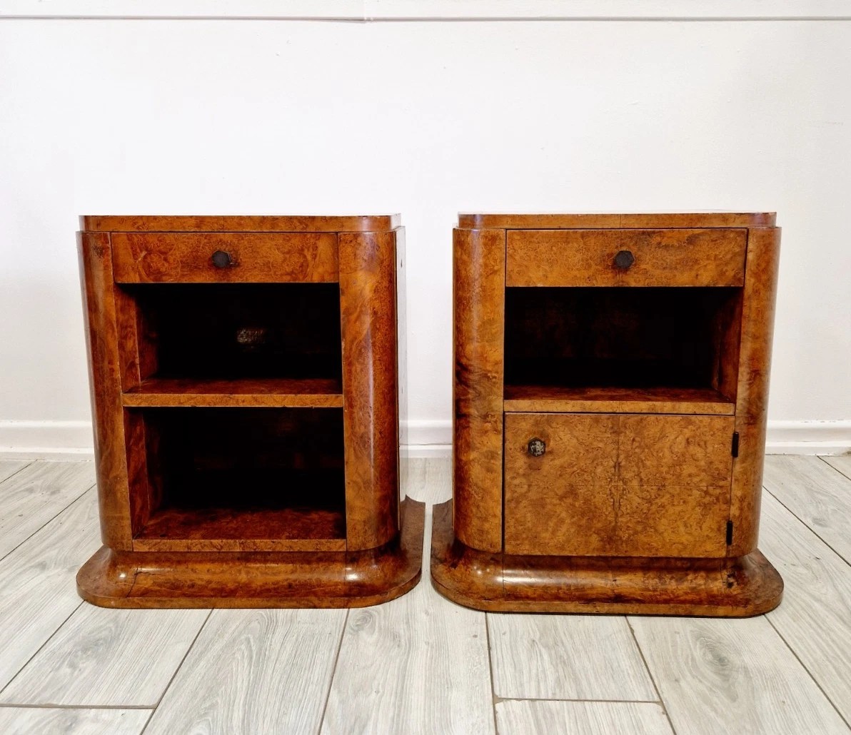 Pair Of Art Deco Burr Walnut Bedside Tables