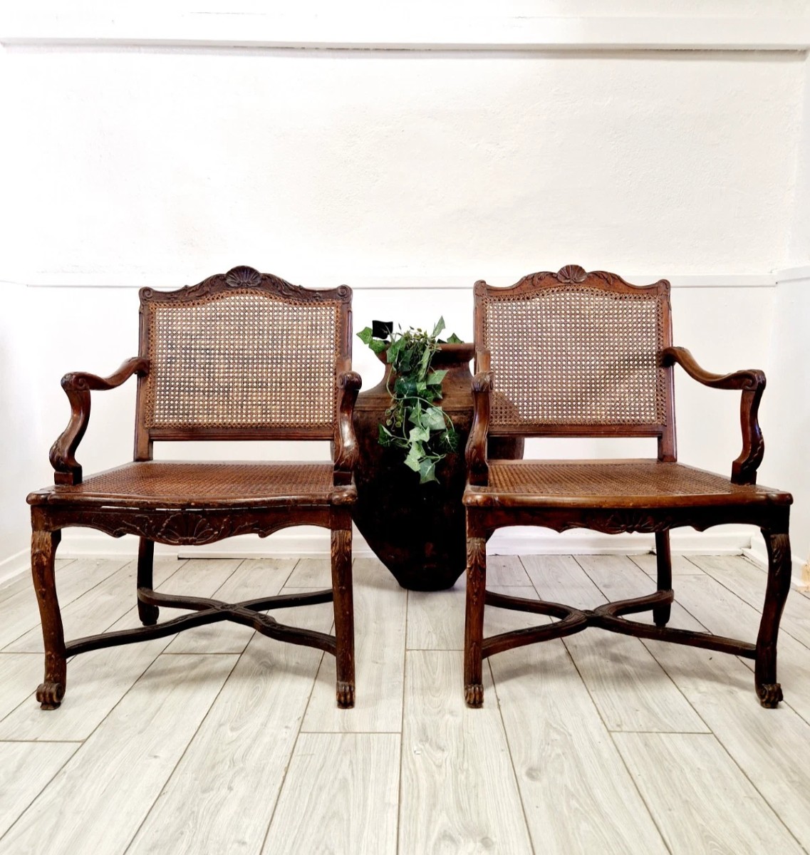 Pair Of Antique French Rattan Armchairs From The Regency Period