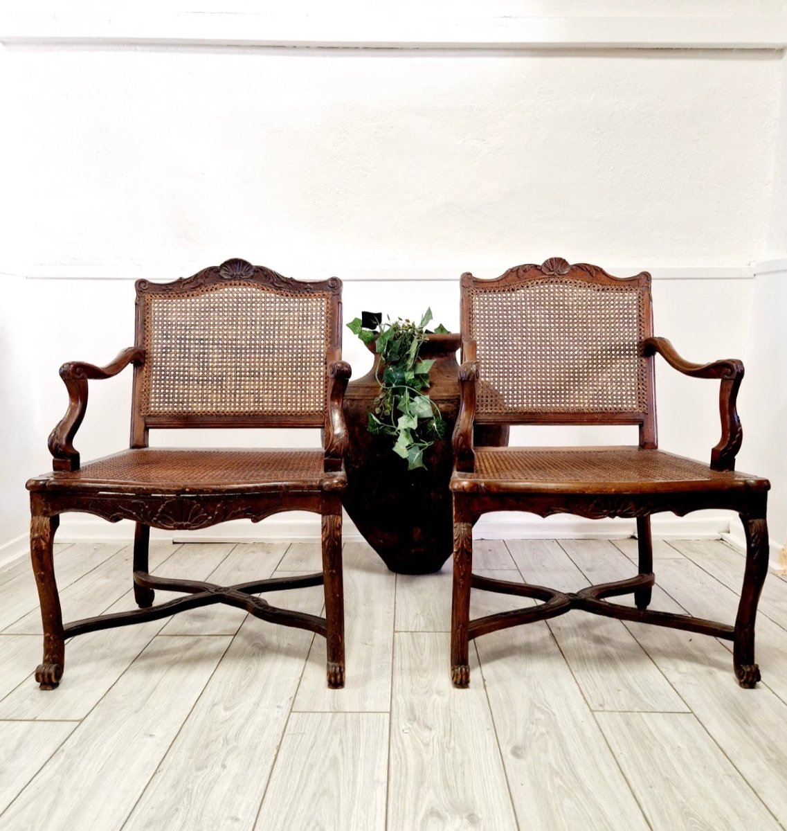 Pair Of Antique French Cane Armchairs From The Regency Period-photo-2