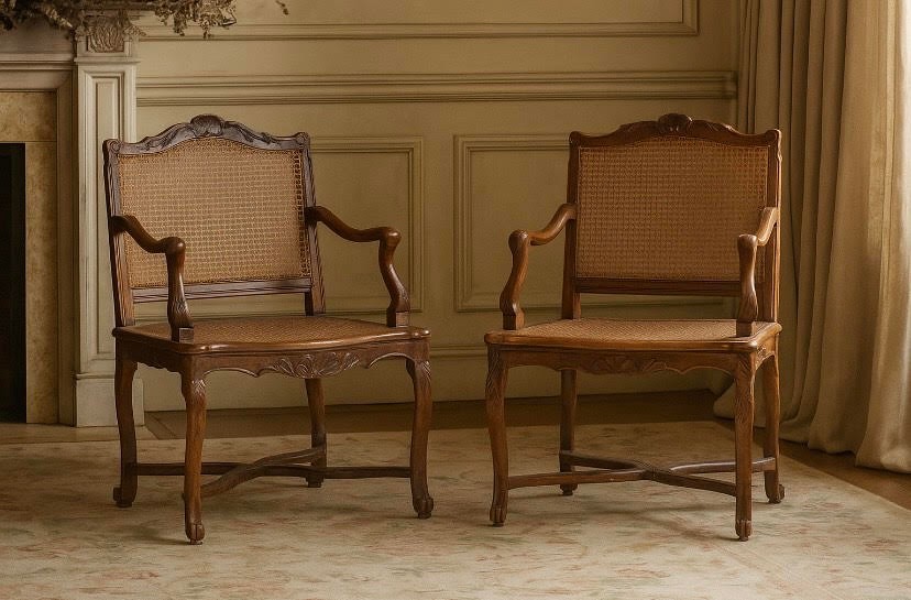 Pair Of Antique French Cane Armchairs From The Regency Period