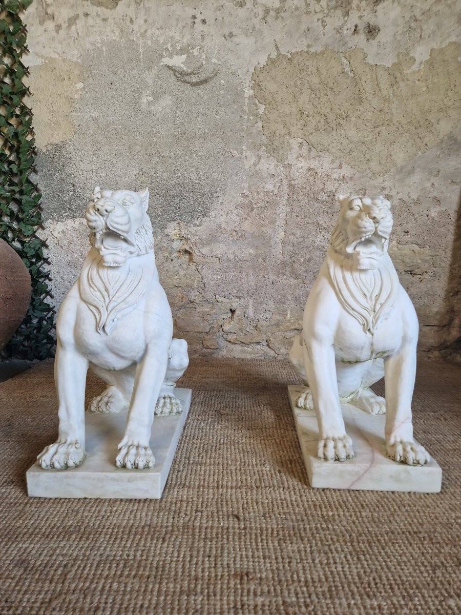 Pair Of Antique Marble Lion Statues 1920-photo-3
