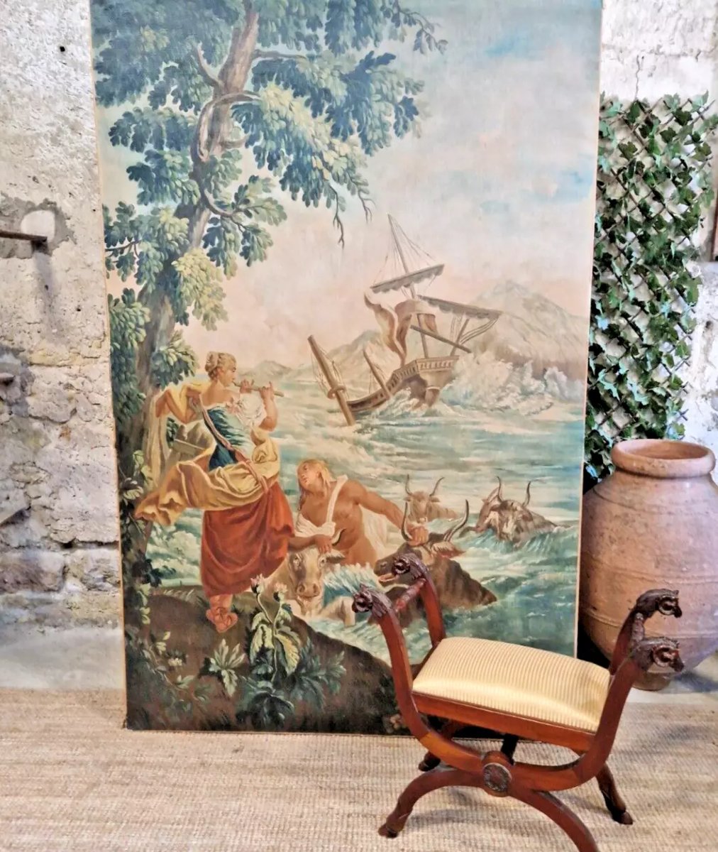 Large Antique Oil Painting Of Famous Tapestry-photo-3