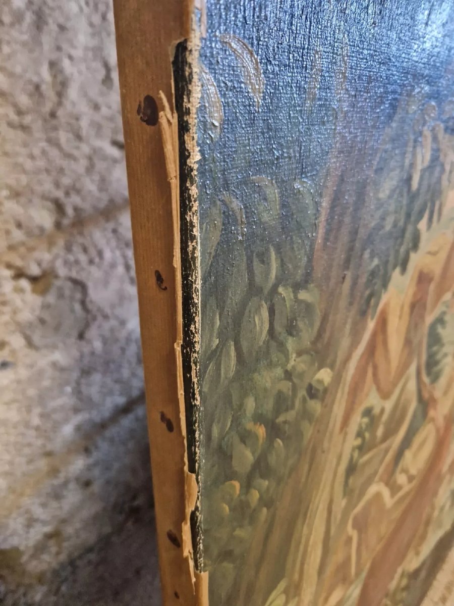 Large Antique Oil Painting Of Famous Tapestry-photo-4