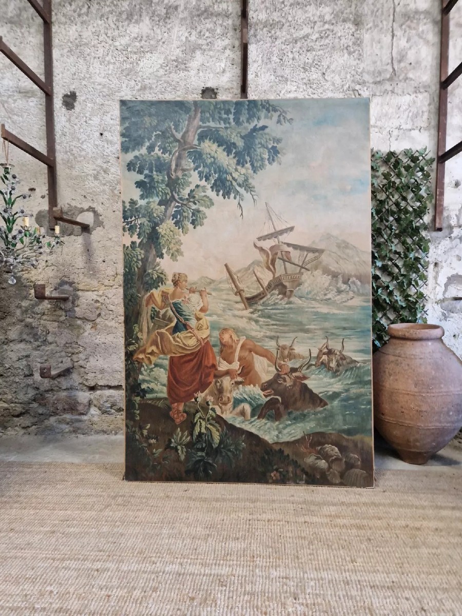 Large Antique Oil Painting Of Famous Tapestry