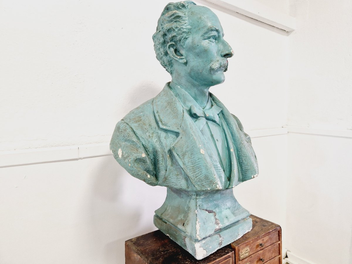Giant Antique Bust In Green Plaster-photo-4