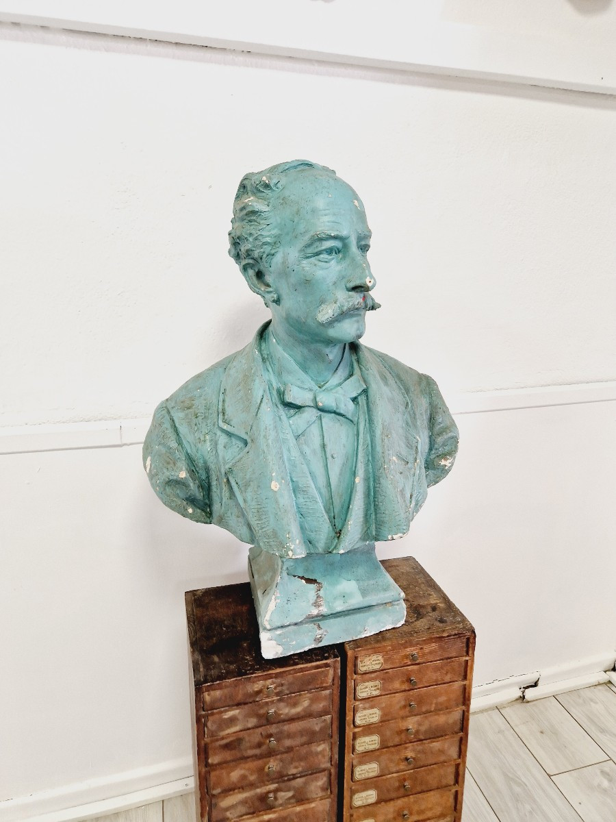 Giant Antique Bust In Green Plaster