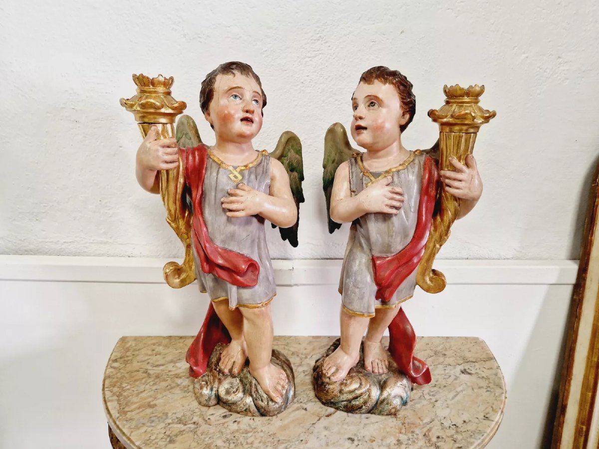 Pair Of Antique Angel-shaped Candlesticks-photo-3