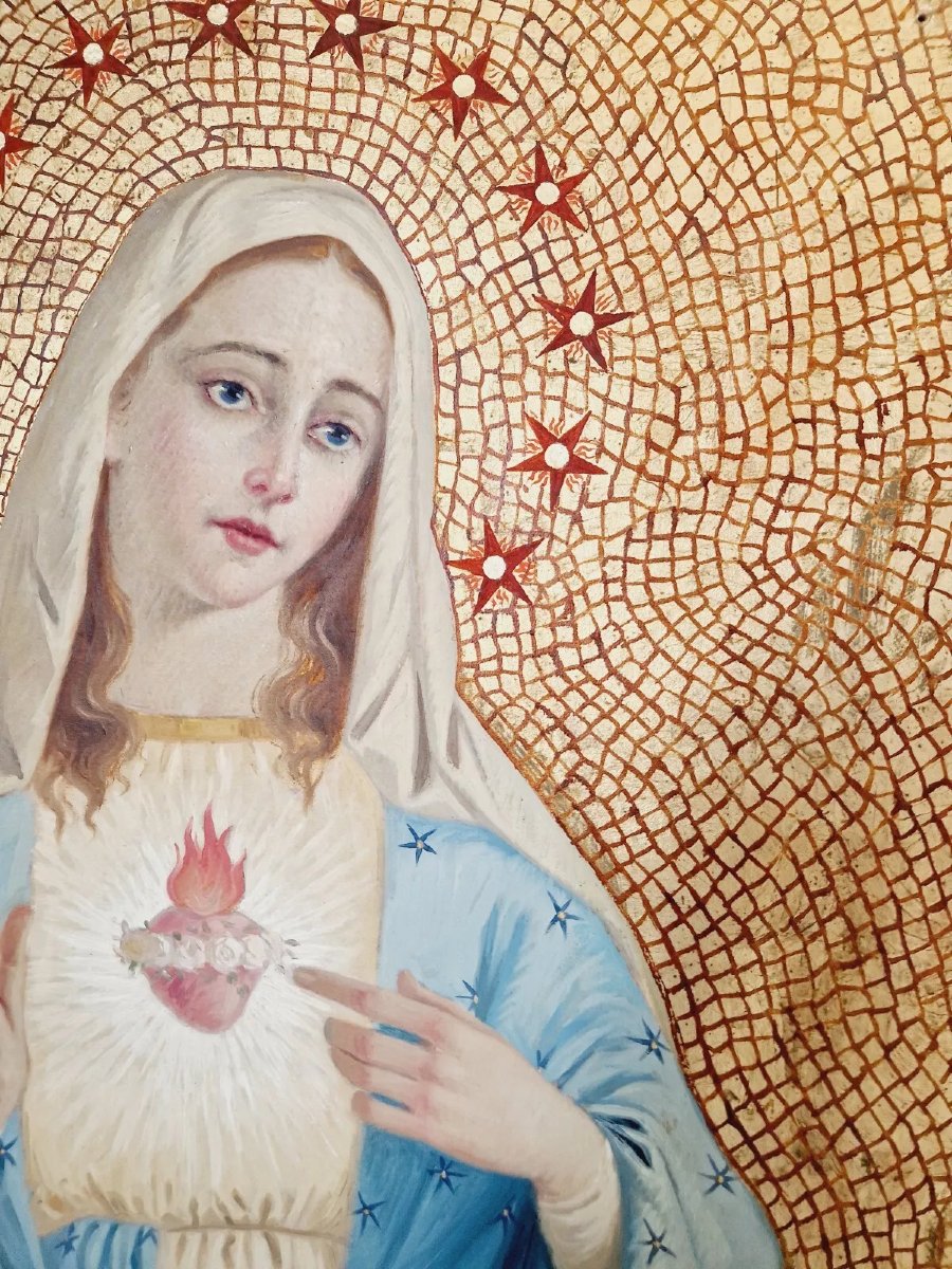 Triptyque antique de peintures à l'huile religieuses sur fond doré -photo-5