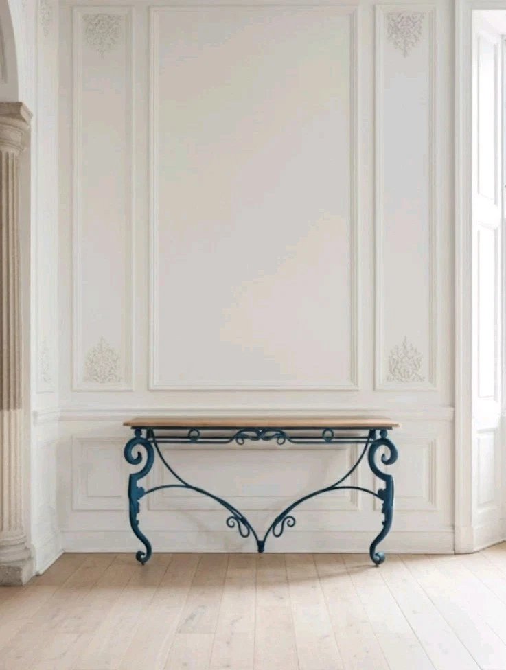 Large Vintage Blue Metal Console Table-photo-2